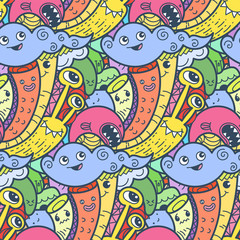 7291842 Funny doodle monsters seamless pattern for prints, designs and coloring books