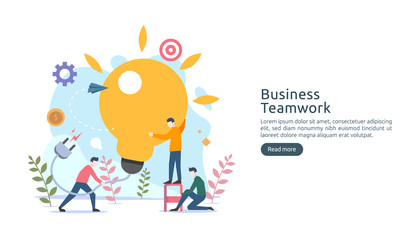 teamwork business brainstorming Idea concept with big yellow light bulb lamp, tiny people character. creative innovation solution. template for web landing page, banner, presentation, social media