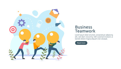 teamwork business brainstorming Idea concept with big yellow light bulb lamp, tiny people character. creative innovation solution. template for web landing page, banner, presentation, social media