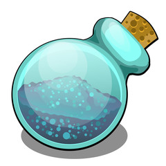Cartoon glass flask with friable substance closed by a cork isolated on white background. Vector cartoon close-up illustration.