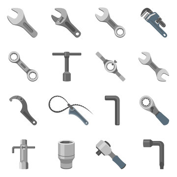 Sixteen different types of wrenches