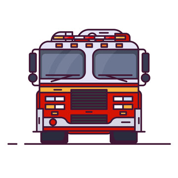 Front view of fire engine car with lights. Line style vector illustration. Vehicle and transport banner. Modern firefighter american car. 911 truck with firefighter. Emergency fire engine vehicle.