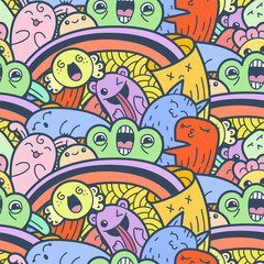 Obraz na płótnie Canvas 7291858 Funny doodle monsters seamless pattern for prints, designs and coloring books