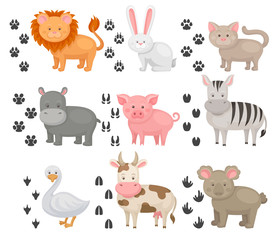 Flat vector set of animals and heir footprints. Domestic and wild creatures. Funny cartoon characters. Elements for children book
