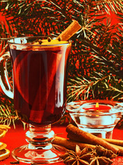 Hot red mulled wine  with christmas spices
