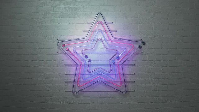 Glow neon star symbols on brick wall. Nightlife entertainment concept. 3D render seamless loop animation
