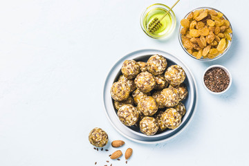 Raisins almond honey bliss balls. Top view, space for text.
