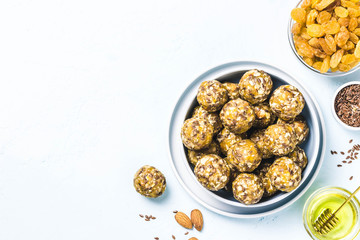 Raisins almond honey bliss balls. Top view, space for text.