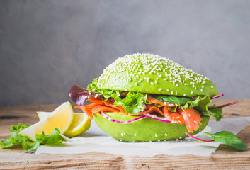 Avocado burger healthy raw food copy space.