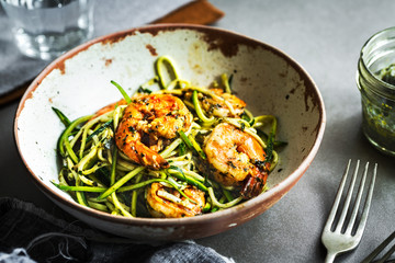 Zucchini pasta with Prawns in Basil Pesto sauce