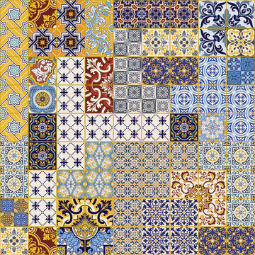 Azulejos tiles patchwork wallpaper abstract vector seamless pattern 