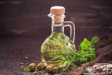 bottle filled olive oil addition sprigs rosemary branch