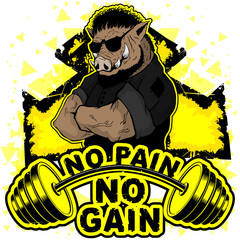 Vector illustration barbell and strong wild boar. No pain - no gain inspirational lettering.