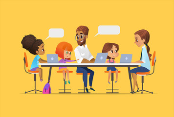 Happy children, tutor and teacher sitting at laptops and learning programming during school lesson. Coding for kids concept. Vector illustration for website, advertisement, poster.