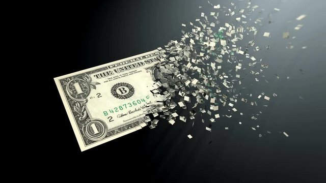 4K 3D rendering animation. The dematerialization of money, dollars are dematerialized on a black background.