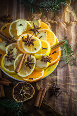 Ingredients medicinal tea Citrus spices Slices lemon orange ginger cloves cinnamon