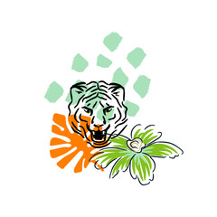 Roaring tiger hand drawn style t-shirt print design vector. Wild cat head design with palm leaves and spots for tee print.