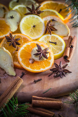 Ingredients medicinal tea Citrus spices Slices lemon orange ginger cloves cinnamon