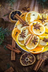 Ingredients medicinal tea Citrus spices Slices lemon orange ginger cloves cinnamon