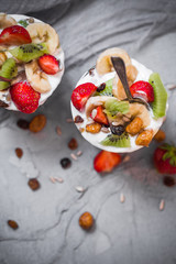 Nutrition Yoghurt fruit dessert strawberries banana kiwi raisins sunflower seeds oatmeal walnuts caramel