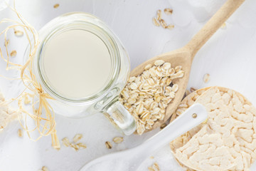 Protein source oat milk homemade product top view