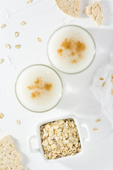 Protein source oat milk homemade product top view