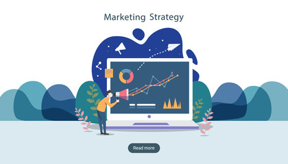 digital marketing strategy concept with tiny people character, table, graphic object on computer screen. online social media marketing modern flat design for landing page and mobile website template