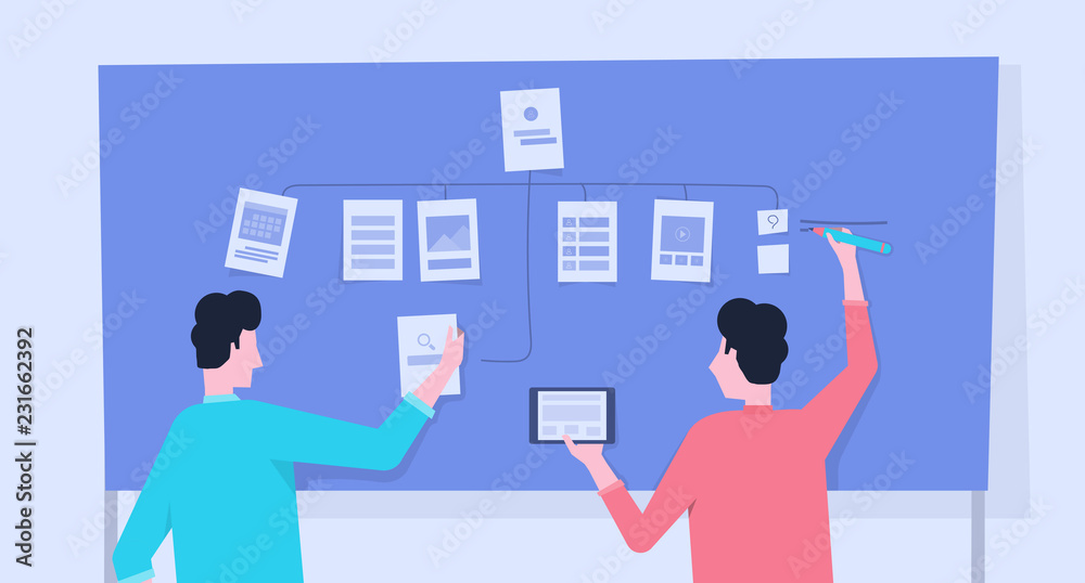 Aufkleber mobile application and web developer team brainstorming plan development and design process concept 
