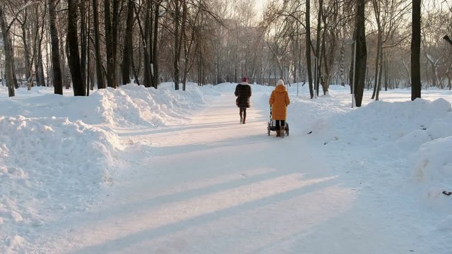 Woman in an orange jacket walks with a stroller in the winter city Park. Near woman in a fur coat.