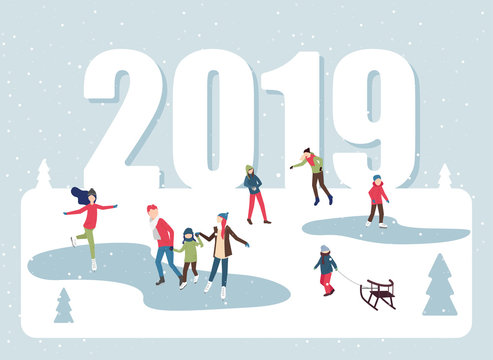 New Year and Christmas 2019 poster with people skating on the ice rink.