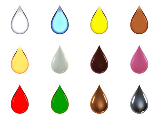 Liquid drops collection set of water, oil, honey, tea, white milk cream, brown chocolate, pink strawberry cream, red blood, green, gold, chrome silver. isolated on white background, 3d illustration.