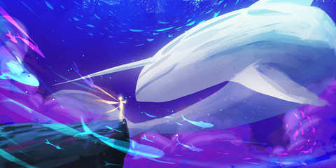 Unicorn Whale World. SpitPaint, SpeedPaint. Concept Art. Fast Drawings. Sketch Paint. Realistic Style. Video Game Digital CG Artwork, Concept Illustration, Realistic Cartoon Style Scene Design   © info@nextmars.com