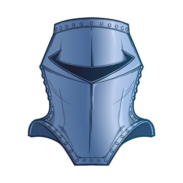Late Medieval European helmet tipically worn by mounted knights at war. Front view. Heraldry element. Painted sketch isolated on white background. EPS10 vector illustration