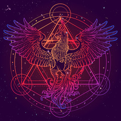 Mythycal bird Phoenix. David's star on a background. Alchemy symbol. Tattoo, textile, poster design. Sketch isolated on textured watercolor background. EPS10 vector.