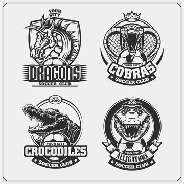 Set of soccer emblems, badges, logos and labels with cobra, crocodile and dragon.