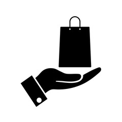 Hand holds shopping bag icon, logo on a white background
