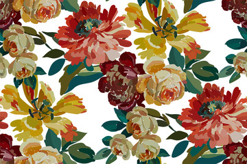 Vintage floral seamless background pattern. Blooming garden flowers. Vector illustration in hand drawn style..