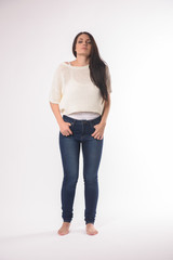 White caucasian girl posing emotionally isolated on background