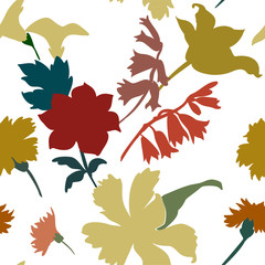 Silhouettes of different flowers and leaves hand drawn.Vector floral seamless background pattern for wallpaper, textile prints, fabric...