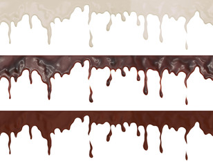 Collection of melted dripping milk cream, caramel, chocolate cream seamless, isolated on white background, 3d rendering illustration