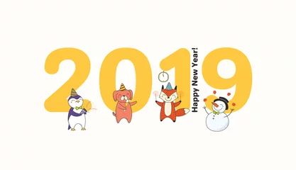 Sierkussen Hand drawn New Year 2019 greeting card, banner template with big numbers, cute funny animals celebrating, typography. Line drawing. Isolated objects. Vector illustration. Design concept for party. © Maria Skrigan