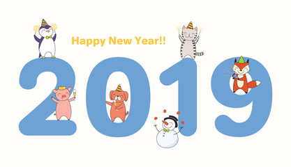 Hand drawn New Year 2019 greeting card, banner template with big numbers, cute funny animals celebrating, typography. Line drawing. Isolated objects. Vector illustration. Design concept for party.