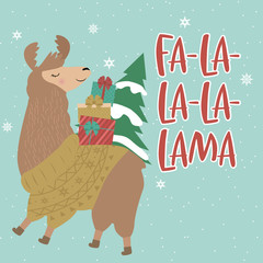 Merry Christmas greeting card with fun llama. Editable vector illustration © miobuono