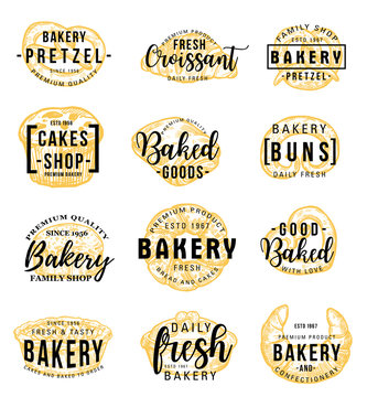 Bakery shop icons with lettering, pastry food