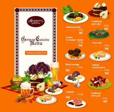 German cuisine dishes and drinks, vector menu