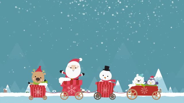 Cartoon animation character of Christmas santa reindeer and snowman in the cart moving pass winter town and mountain with snow falling