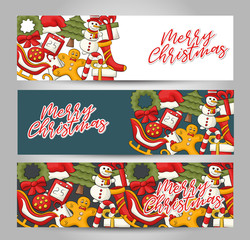 Christmas and New Year horizontal banner set. Cute header for invitation, advertisement, web page. Hand drawn  doodle cartoon style modern winter holidays design concept. Vector illustration.