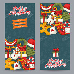 Christmas and New Year vertical banner set. Cute poster for invitation, advertisement, web page. Hand drawn doodle cartoon style modern winter holidays design concept. Vector illustration.
