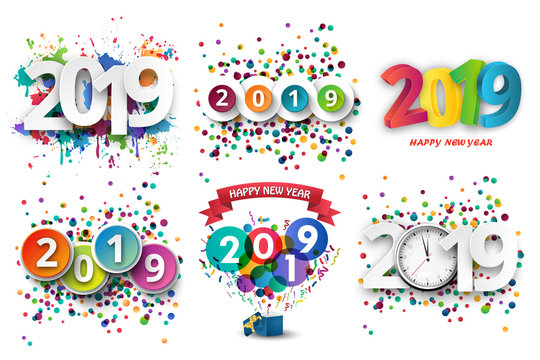 Happy new Year 2019 celebration with colorful spray paint and confetti template background. Vector paper illustration.