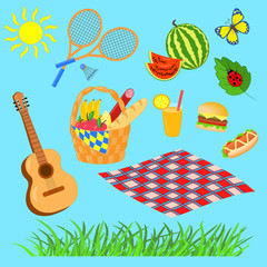 Vector set of picnic on a blue background
